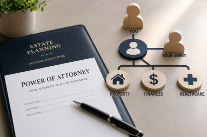 Abstract visual of organized planning documents and decision pathways for a Texas power of attorney