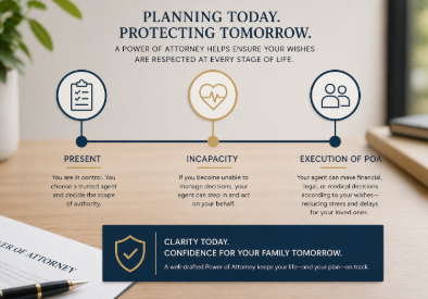 Modern timeline visual showing present planning, incapacity planning, and trusted decision authority