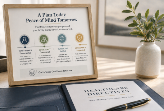 Calm clinical workspace with organized healthcare directive documents and estate planning materials