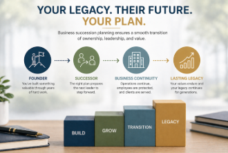 Abstract business succession planning visual showing ownership transition, leadership continuity, and estate planning structure