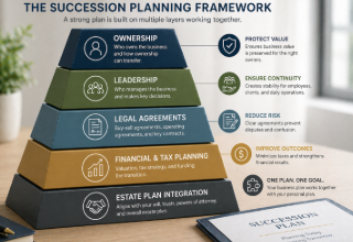 Clean ownership transition flow showing founder, successor, business continuity, and long-term planning