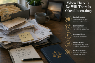 Structured court process flow showing application, heirship, administrator appointment, debts, and distribution