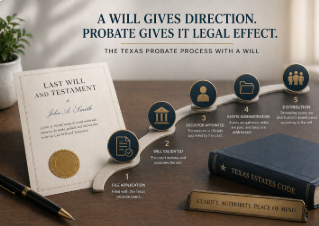 Structured probate pathway showing a validated will, court process, executor authority, and estate distribution in Texas