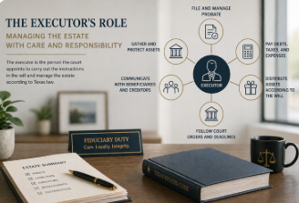 Linear Texas probate process flow showing filing, will validation, executor appointment, debts, and distribution