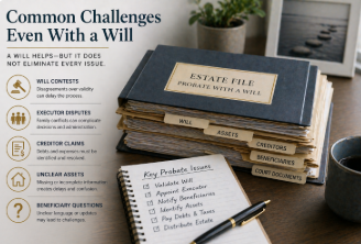 Executor coordination visual showing estate assets, beneficiaries, creditors, court authority, and distribution responsibilities