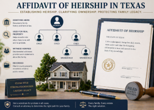 Texas affidavit of heirship visual showing property title chain, heirs, witness verification, and county records filing