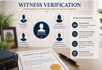 Property title chain visual showing ownership passing through heirs with subtle uncertainty markers
