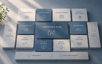 Clean modular planning grid representing parenting plan structure and custody agreement terms