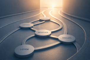 Directional flow system representing the structured mediation process and controlled negotiation