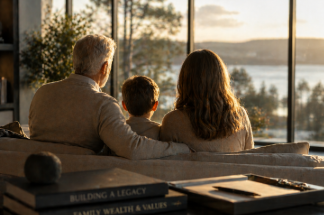 Intergenerational family legacy image with architectural shadows and estate planning documents