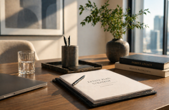 Calm premium consultation setting representing confidential legal planning for a high net worth family