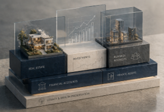Abstract representation of complex financial portfolio and estate structure