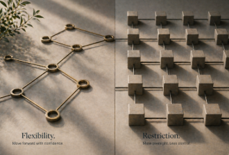 Abstract visual contrast showing court oversight, restrictions, and controlled estate decisions