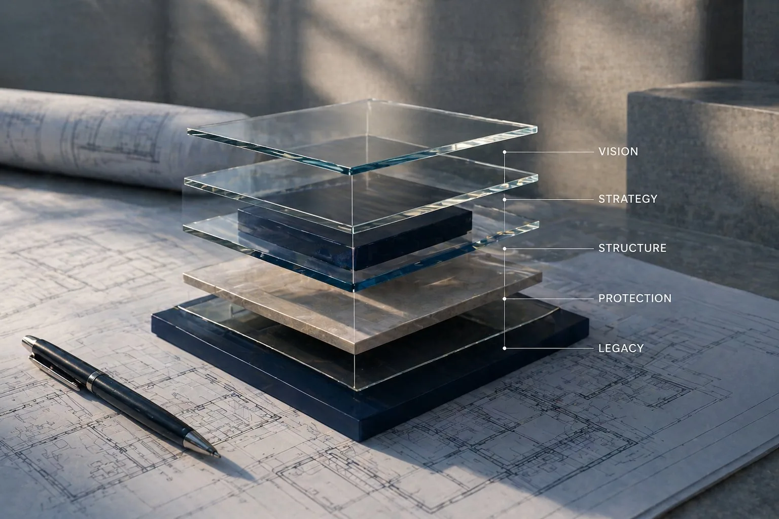 Layered architectural structure representing estate planning strategy and wealth protection