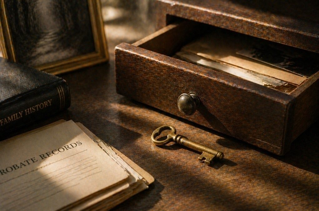 Old wooden drawer with a brass key, probate records and a family history book on a wooden desk.