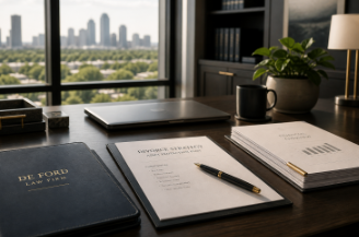 Executive workspace representing strategy and privacy in a high-net-worth divorce in The Woodlands Texas