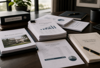Misaligned executive documents representing financial risk in a high-net-worth divorce