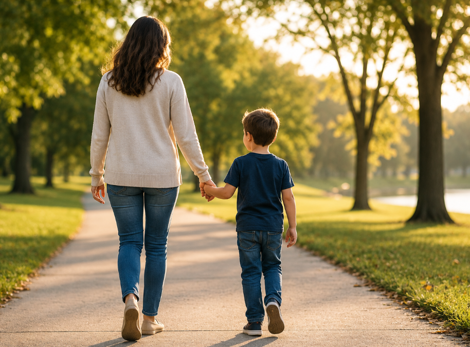 Woman and young boy walk hand in hand down a sunny park path.