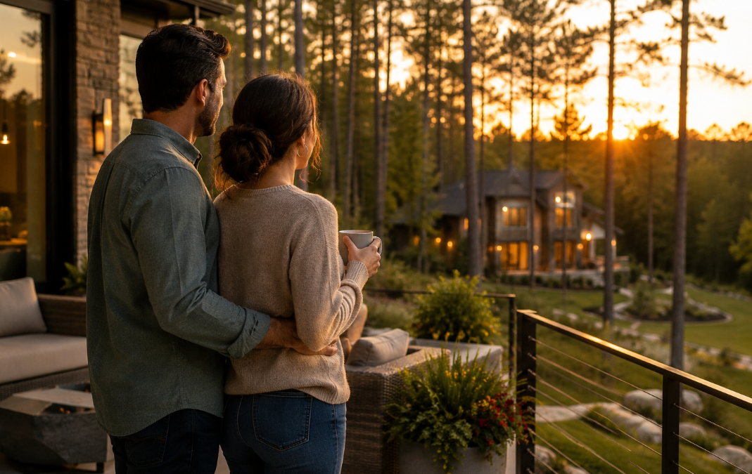 Couple standing on a balcony at sunset, embracing, with one holding a mug and a forested neighborhood in view.