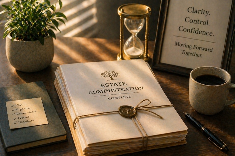 Stacks of estate administration papers tied with string on a wooden desk, beside a coffee mug and plant with an hourglass nearby.