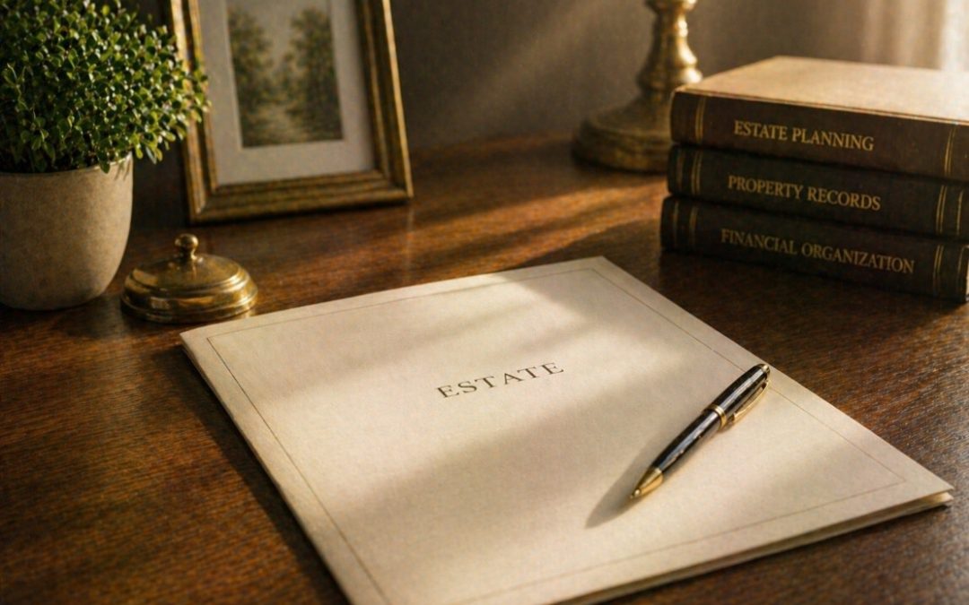 Document labeled ESTATE with a pen on a wooden desk beside legal reference books about estate planning and financial organization.