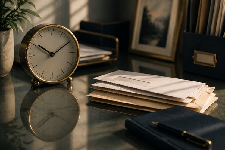 Brass clock on a glass desk beside a stack of envelopes and a notebook in a warm-lit home office scene. (Informative image).