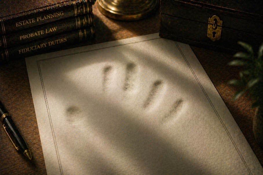 Handprint on a blank letter or document on a wooden desk, with law books and a small lockbox nearby.