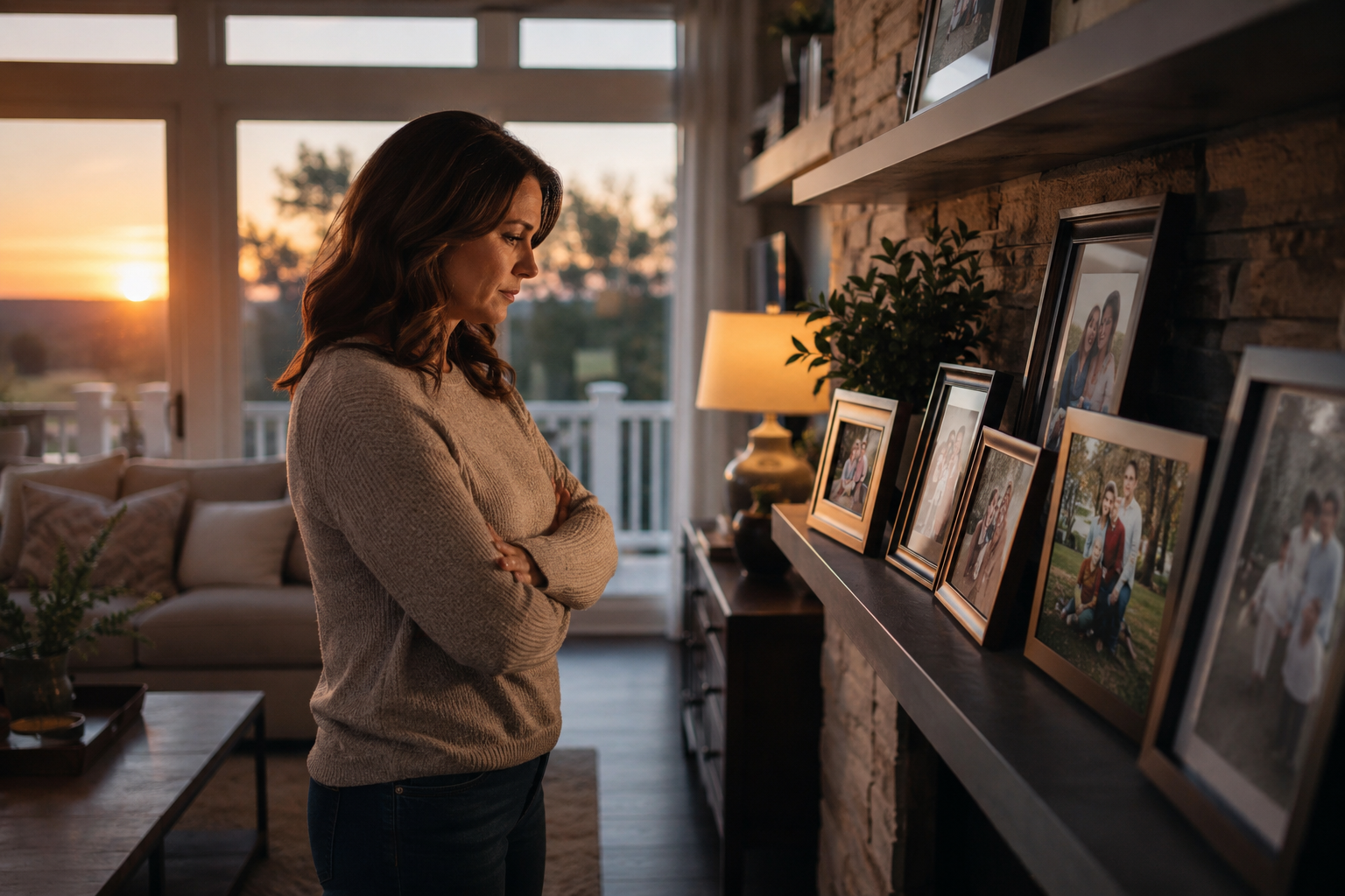 Woman standing in family home looking at framed photos during divorce