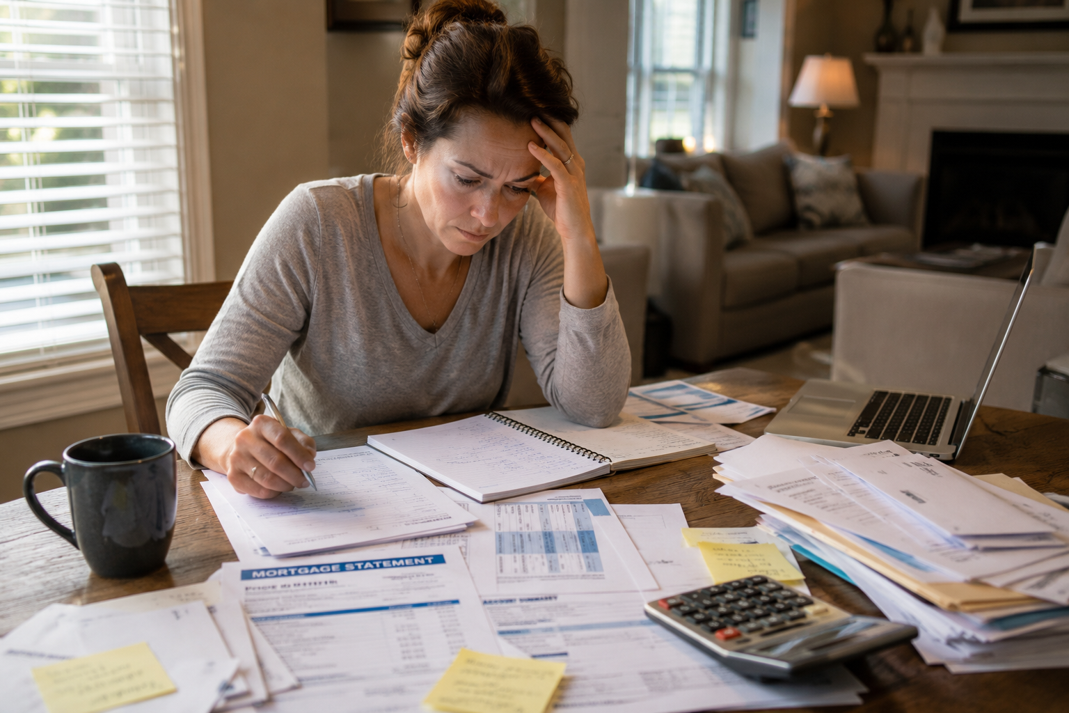 Parent reviewing mortgage papers and bills during divorce housing decision