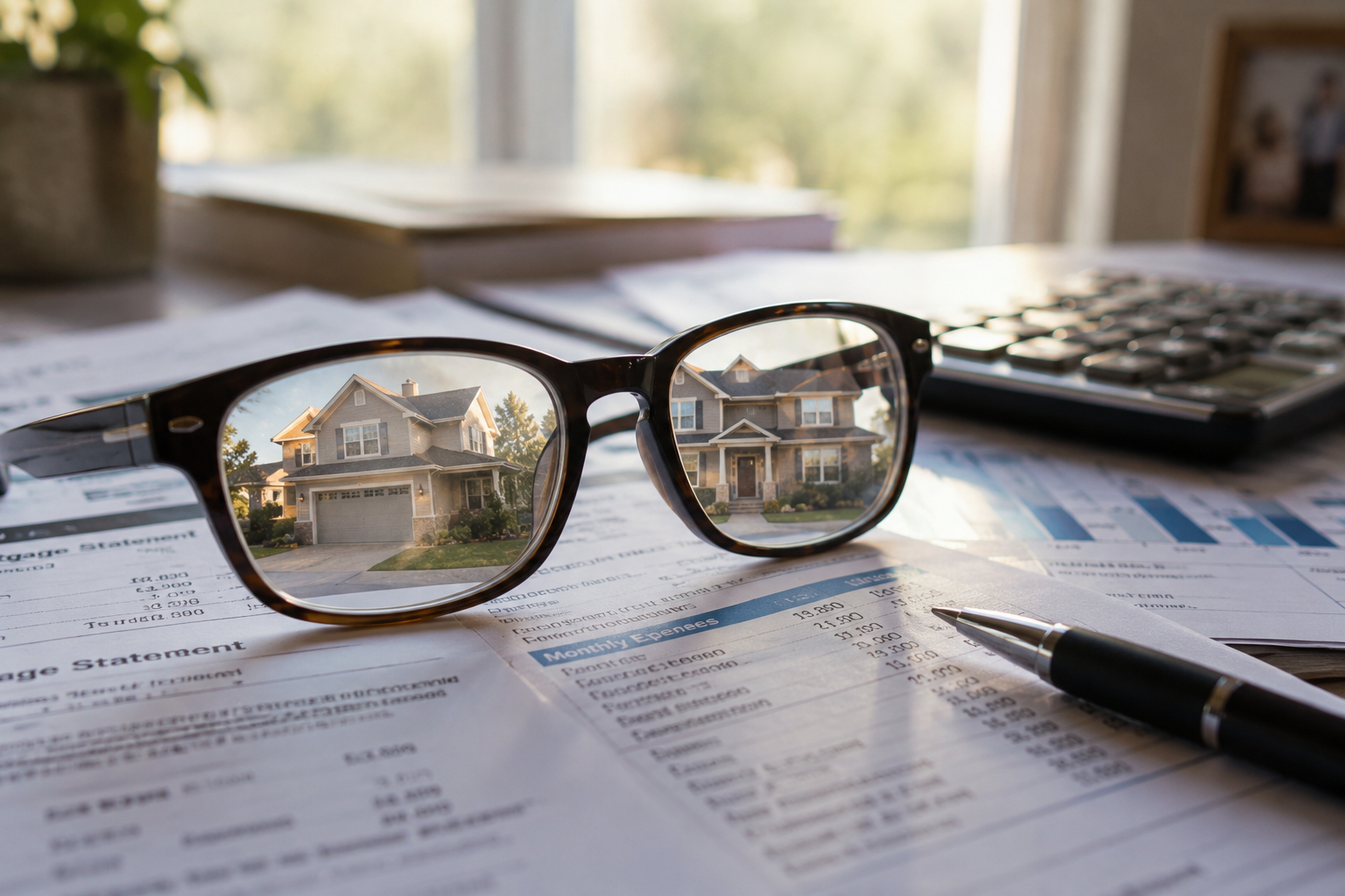 Family home reflected in eyeglasses on financial documents during divorce