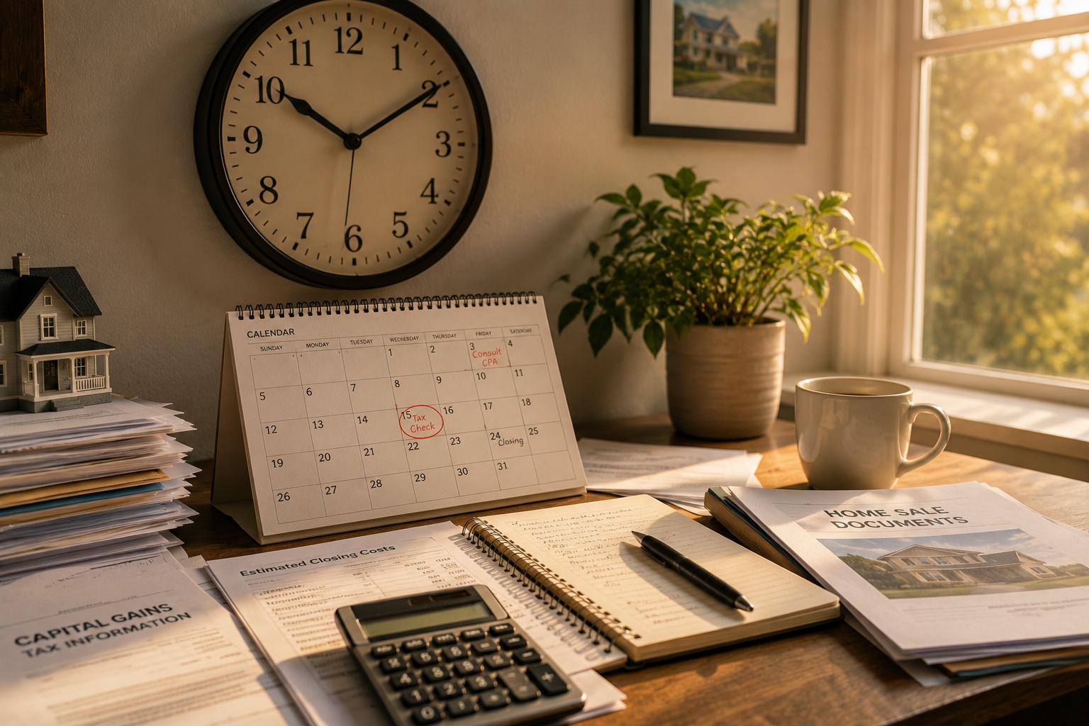 Clock calendar and home sale documents showing timing issues in divorce