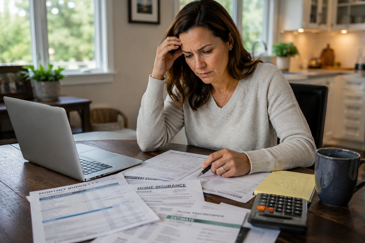 Homeowner reviewing budget documents and housing costs during divorce
