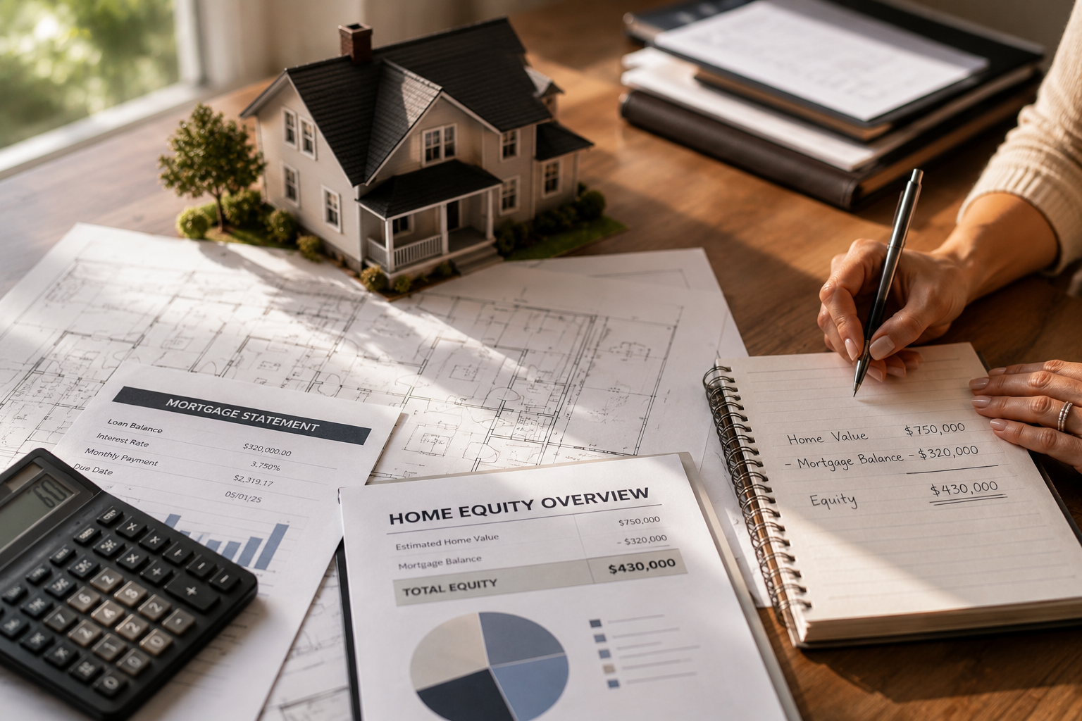 Home equity calculations with mortgage documents and house model