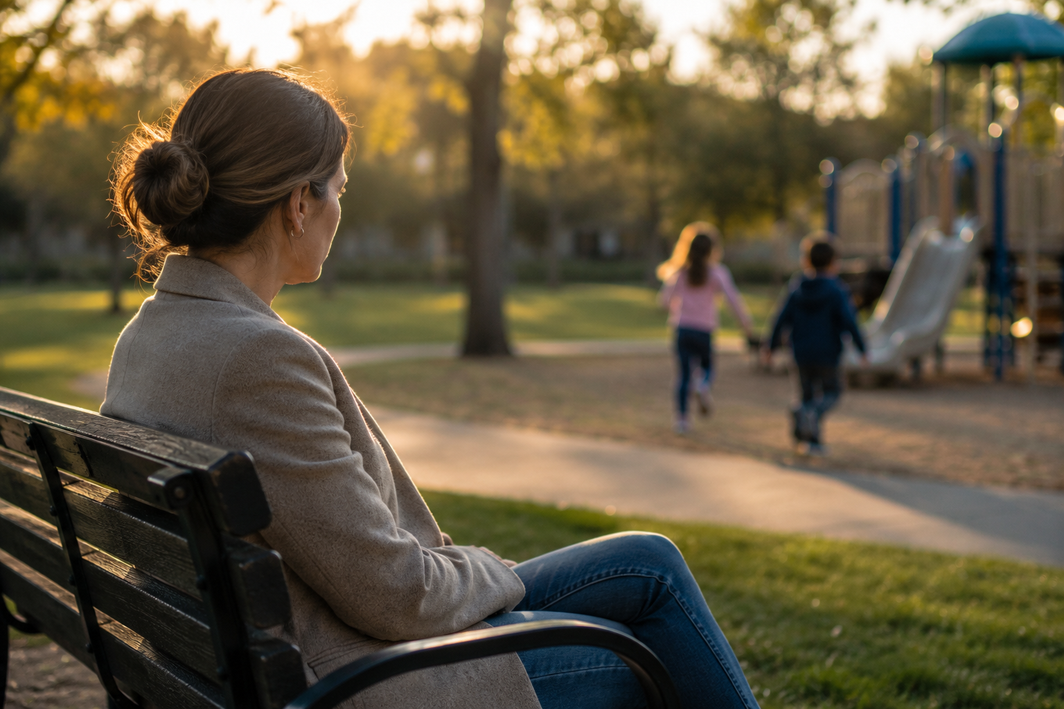Parent reflecting on high-conflict divorce while children play nearby