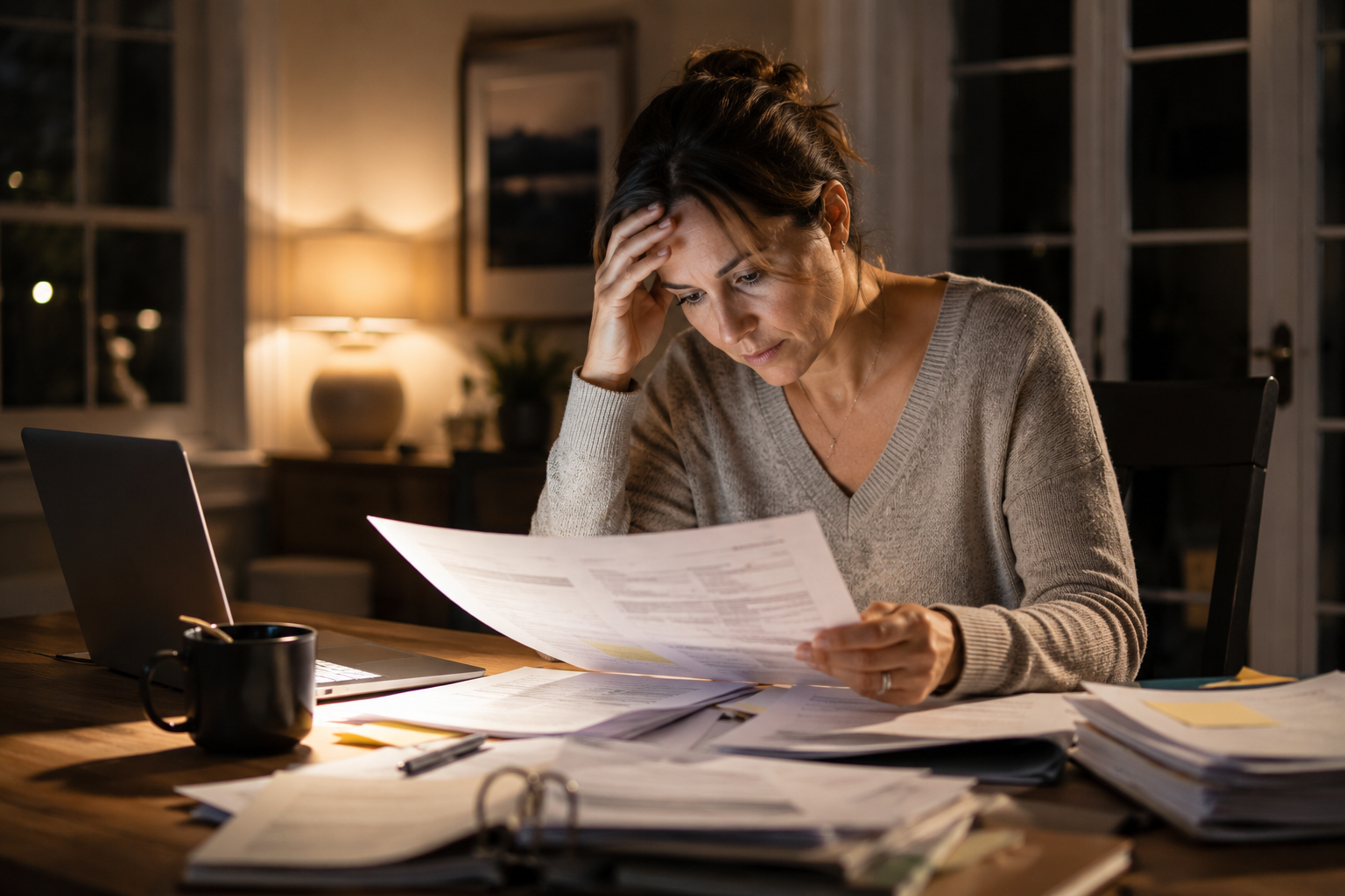 Parent working late through divorce paperwork and process fatigue