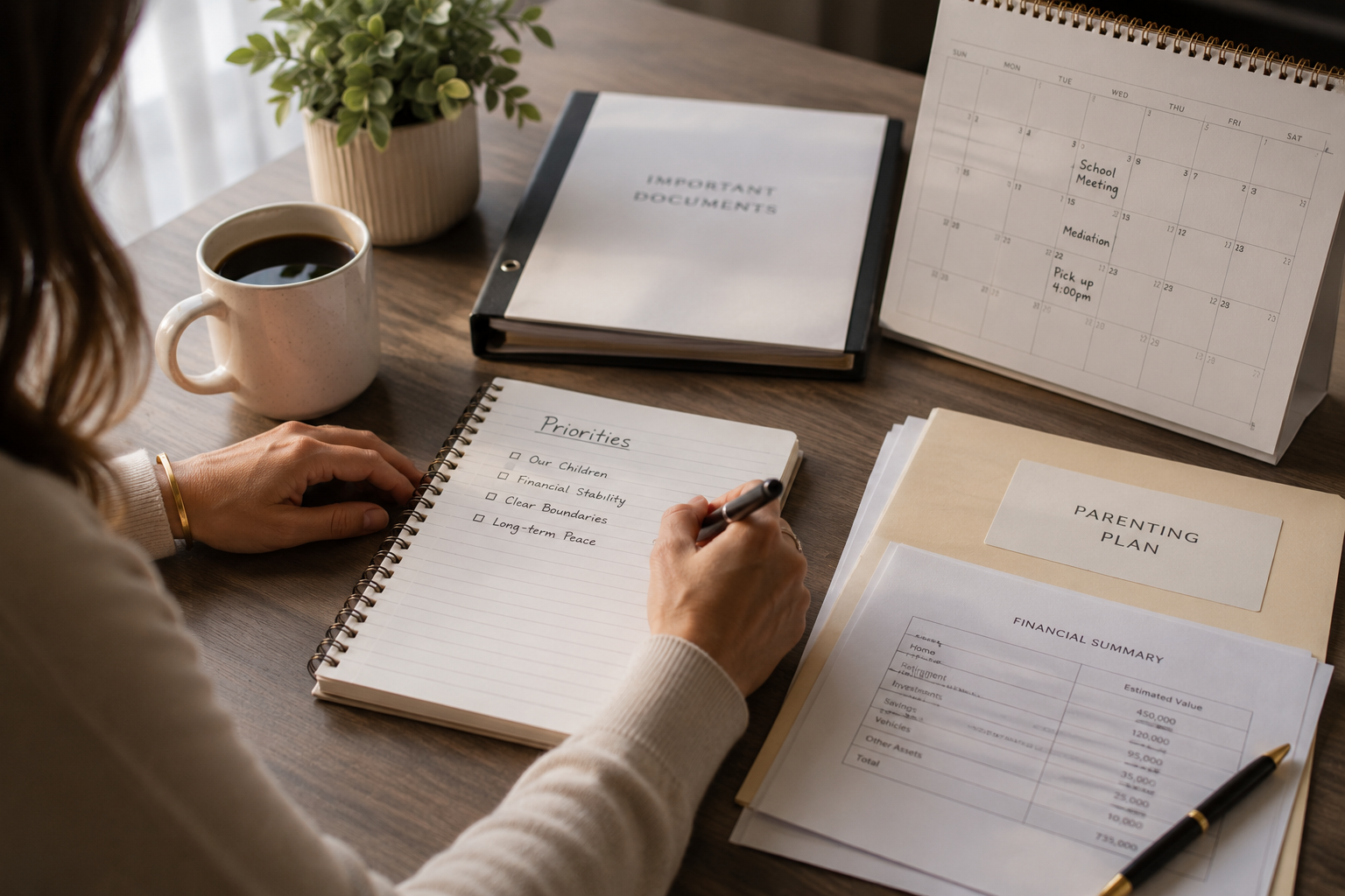 Organized divorce planning documents and parenting calendar
