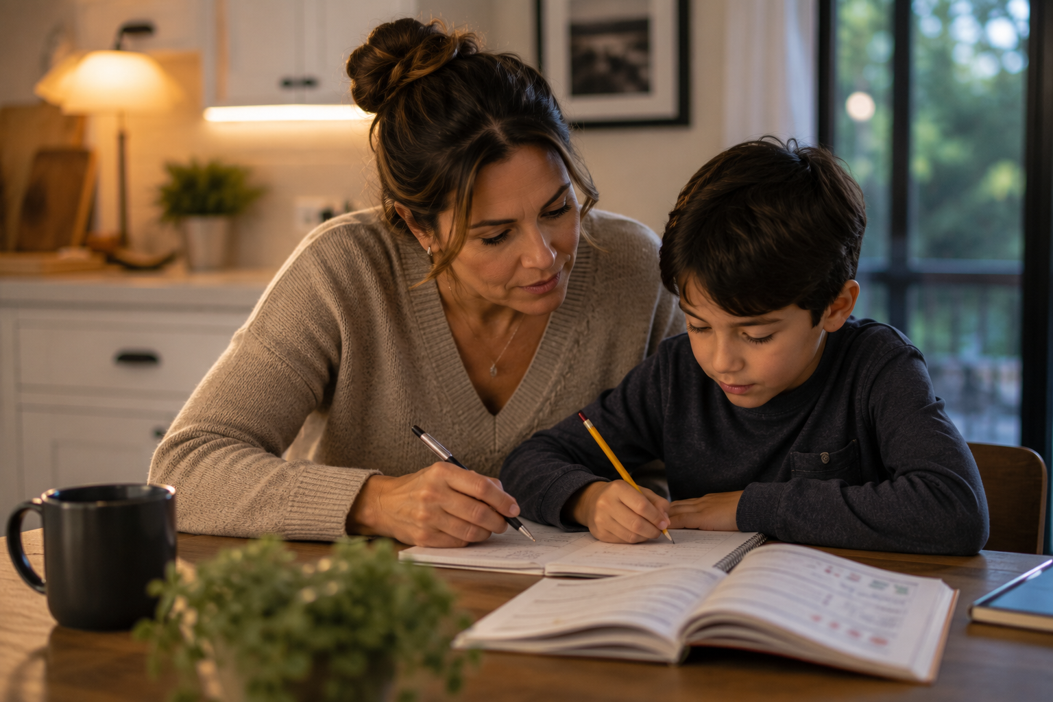 Parent helping child with homework after creating stability through divorce