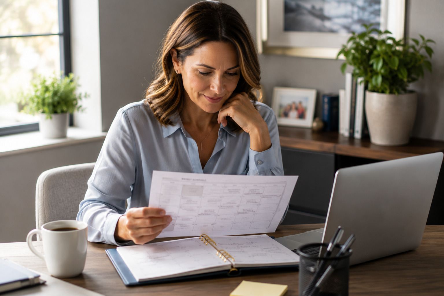 Parent reviewing an organized schedule and divorce planning documents