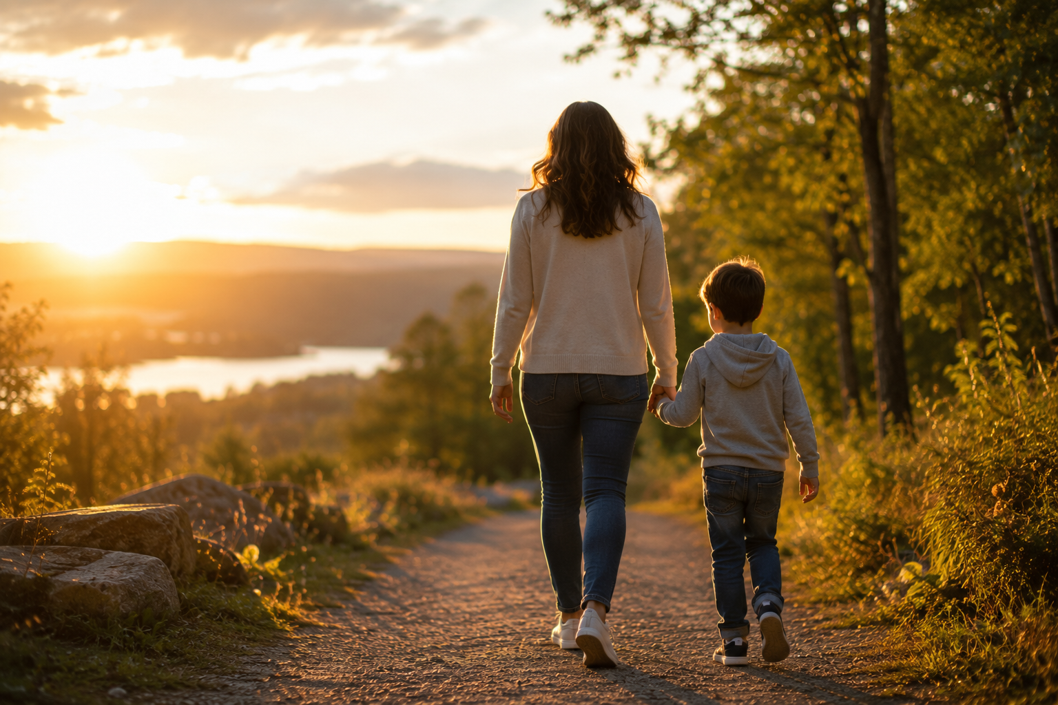 Parent and child walking forward after a difficult divorce transition