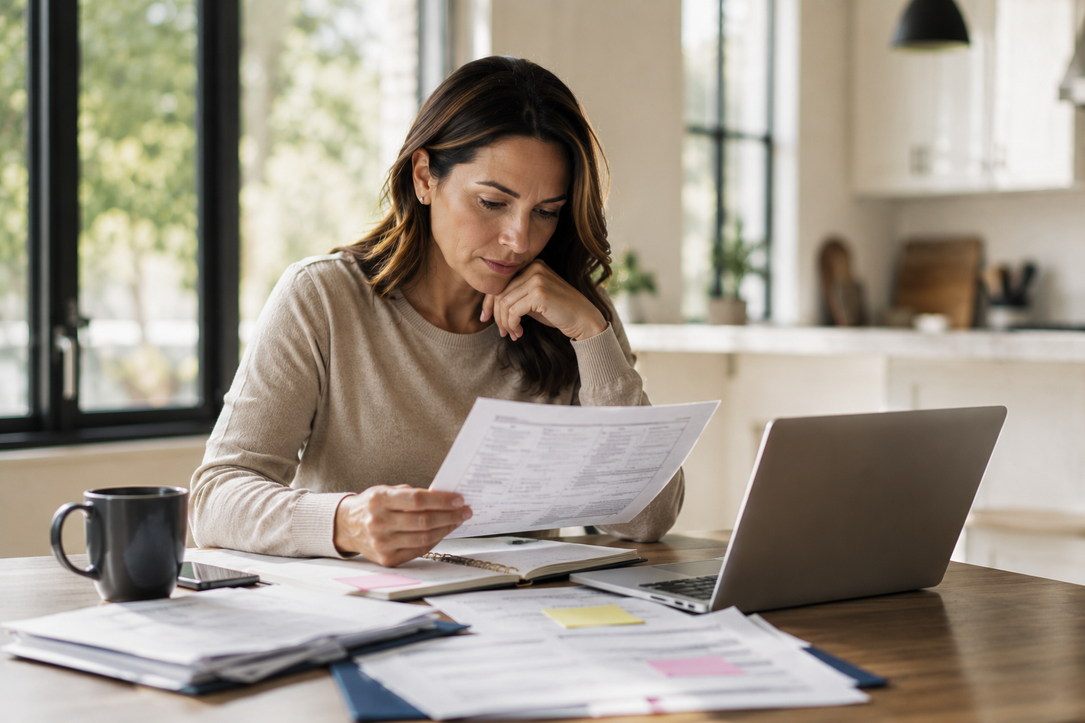 Parent reviewing divorce documents at a kitchen table during a high-conflict divorce