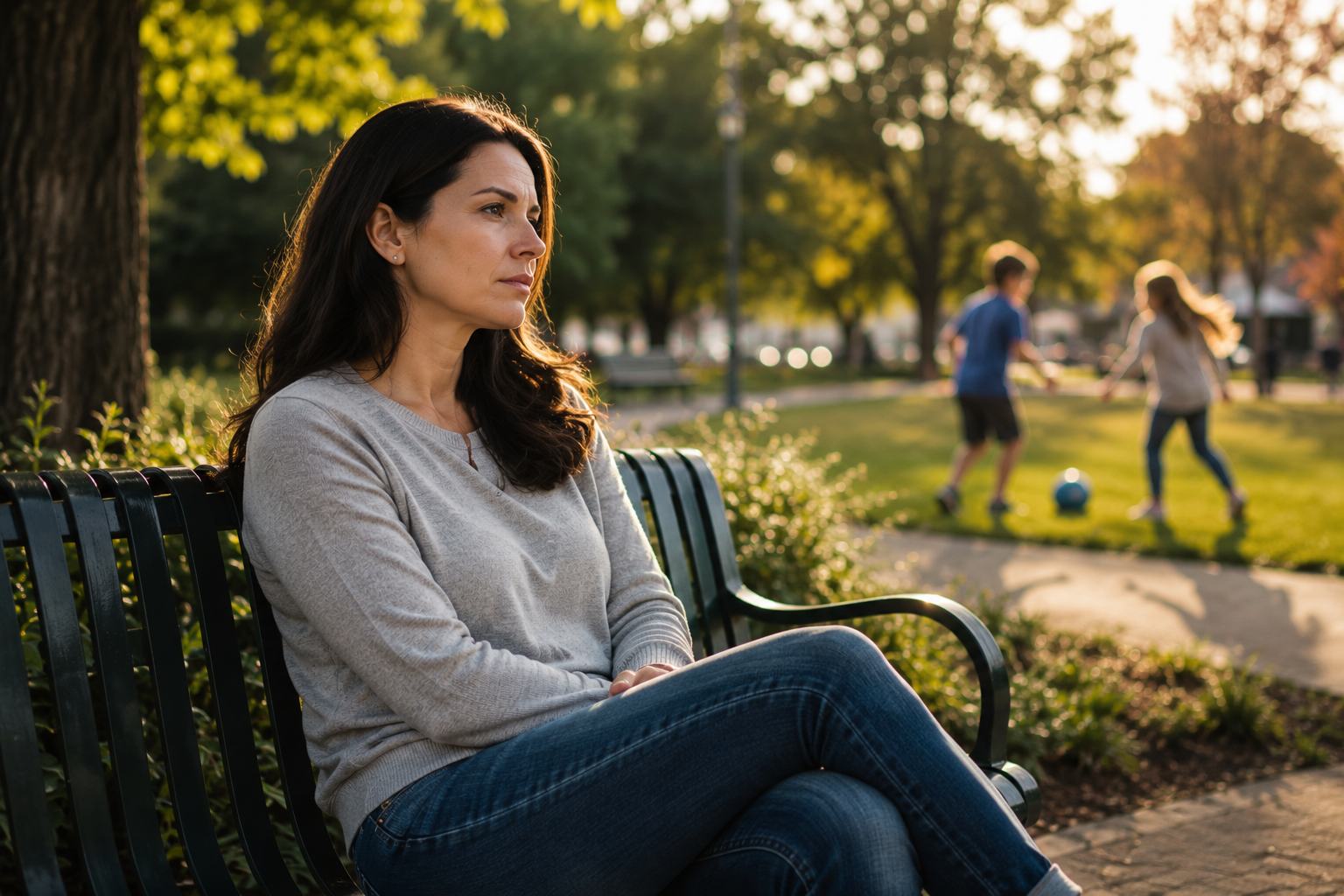 Parent sitting on a park bench while children play nearby during divorce stress