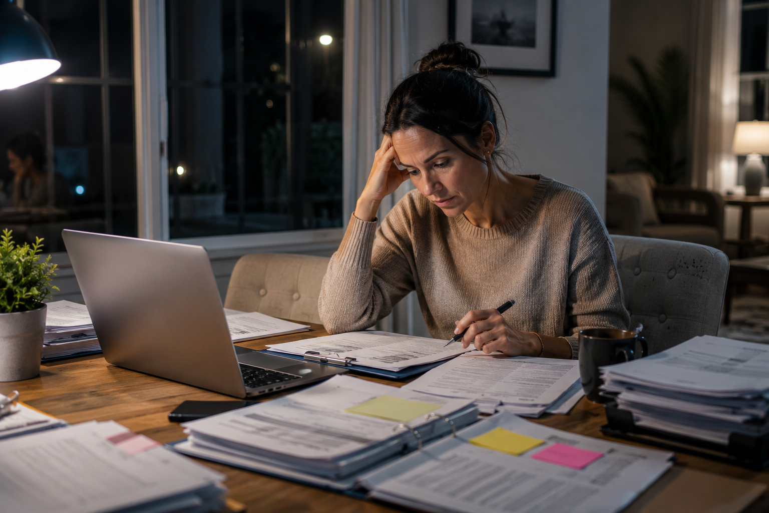 Parent working late through divorce paperwork during process fatigue