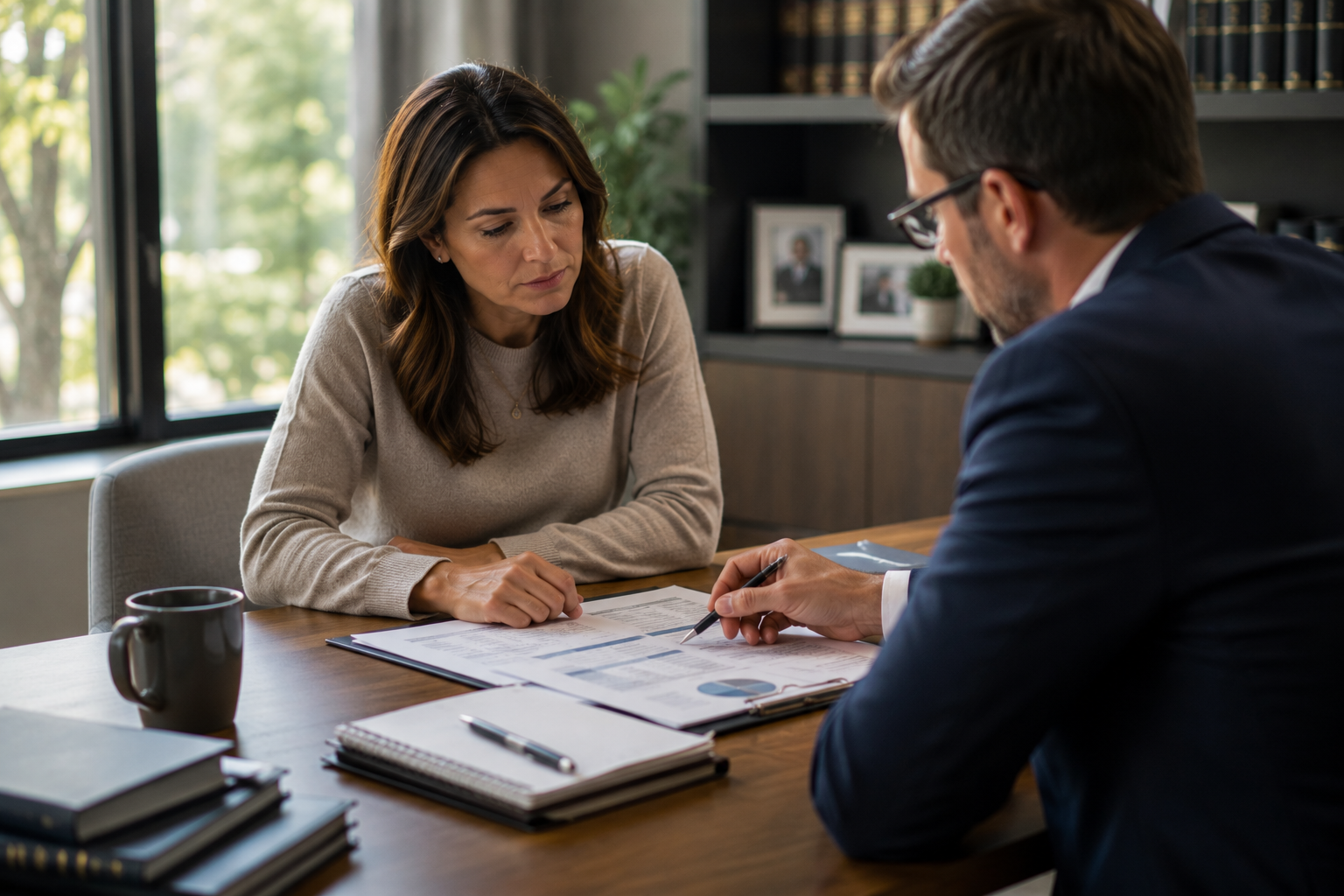 Parent meeting with professional advisor to review divorce financial documents
