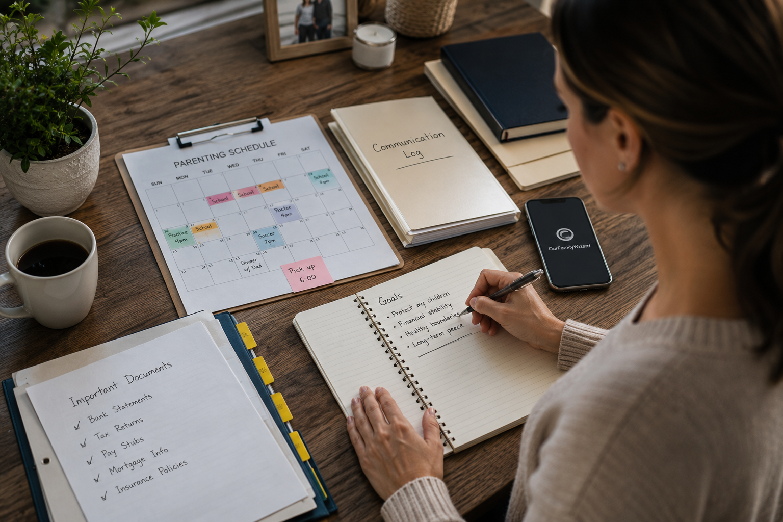 Organized divorce planning workspace with parenting calendar and financial documents