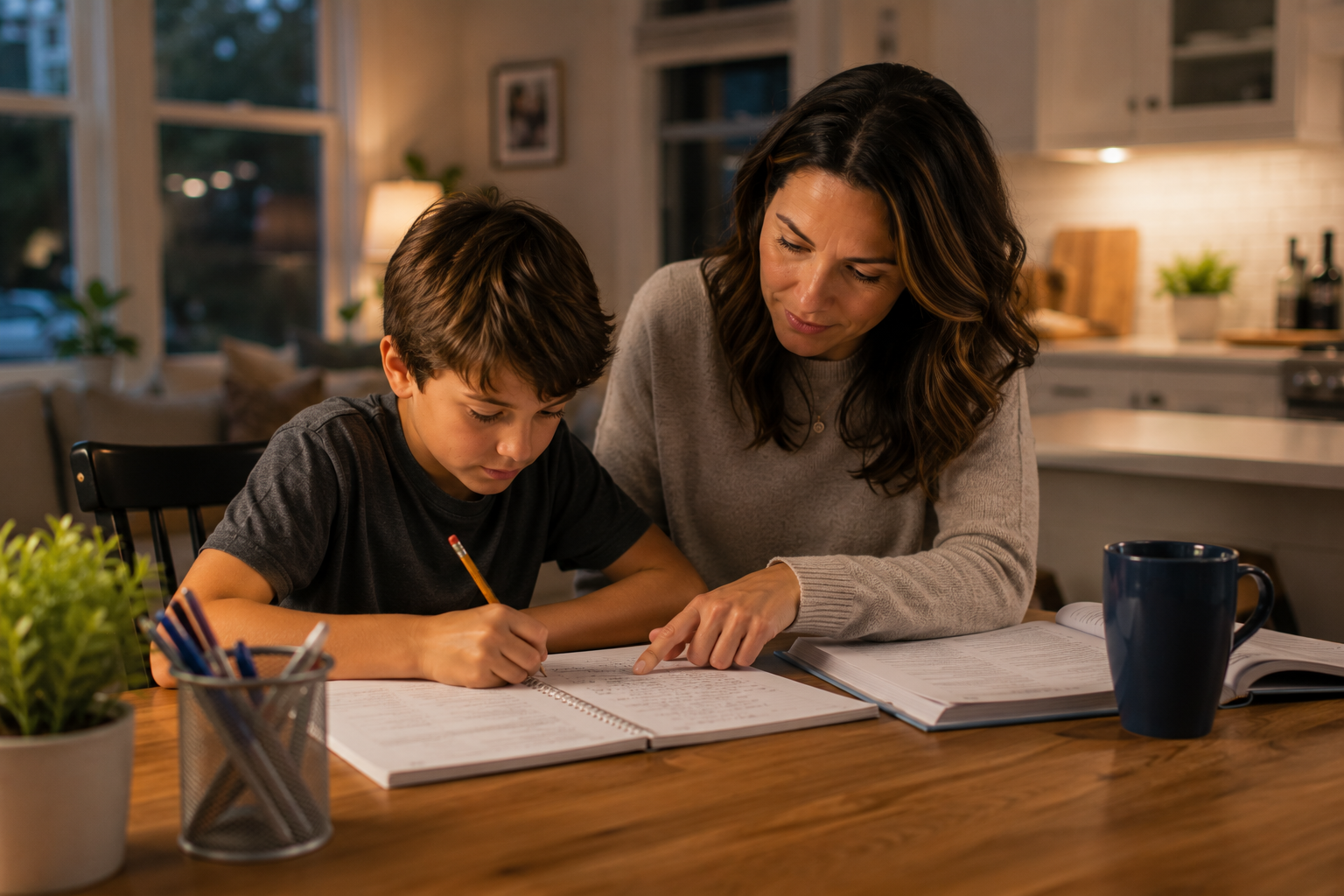 Parent helping child with homework after creating stability during divorce