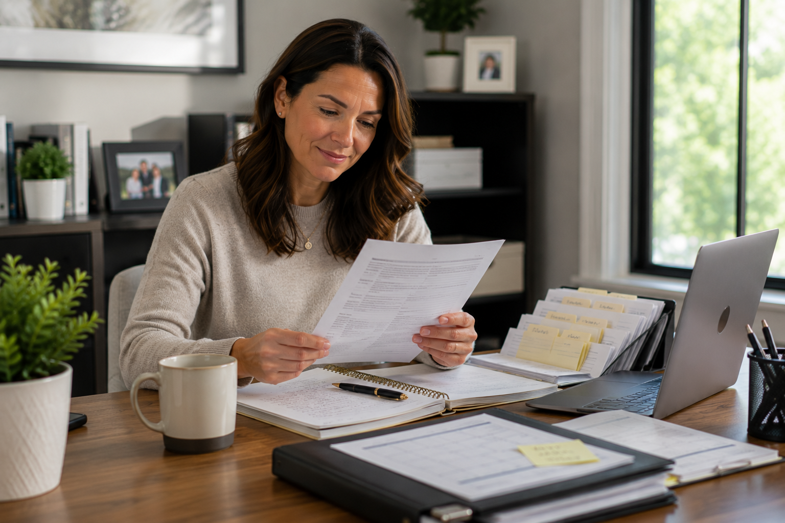 Parent reviewing organized family schedule and divorce planning documents