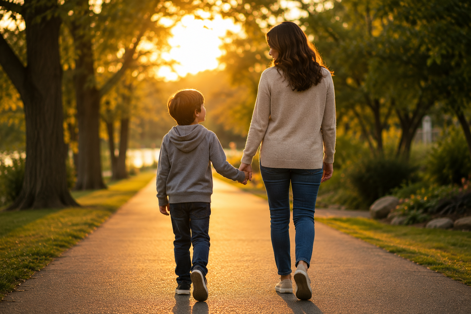 Parent and child walking forward after a high-conflict divorce