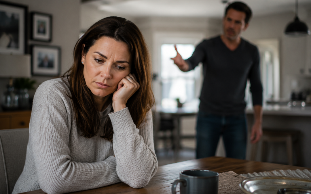 Worried woman sits at a dining table with her head resting on her hand as a man in the background reaches out, suggesting an argument.