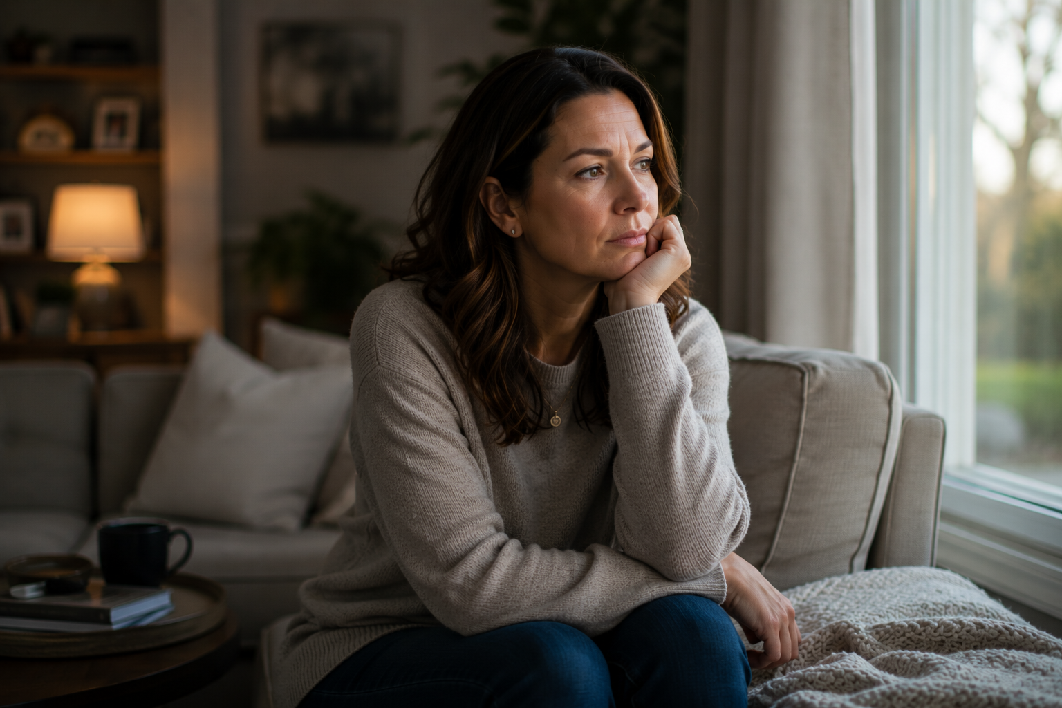 Woman reflecting on emotional abuse that happened behind closed doors