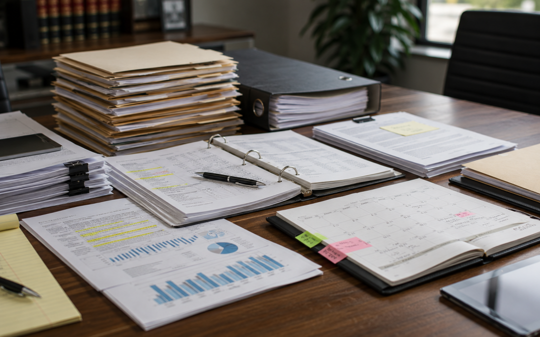 Desk cluttered with stacks of manila folders and loose papers, a ring binder open with highlighted notes, charts, and a pen on top of documents in an office setting.